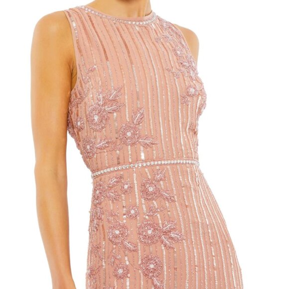 MAC DUGGAL STRIPED FLORAL EMBELLISHED SLEEVELESS ROSE MIDI DRESS sz 16 - Picture 2 of 5